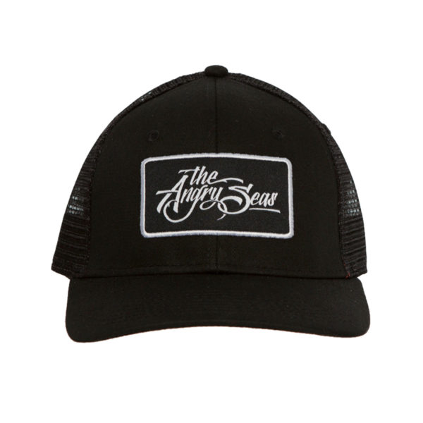 Product: "Ture Script" Snapback Hat // Description: Semi-Curved Bill mesh snapback hat with woven label appliqué // Color: Black on Black // Brand: The Angry Seas Clothing
