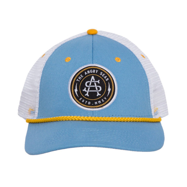 Product: "Captain's Hat" Snapback Hat // Description: Low Poriflel mesh snapback hat with embroidered logo patch // Color: Light Blue // Brand: The Angry Seas Clothing