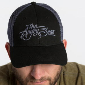 Product: "3D Script" Low Low Profile Hat with Mesh Snapback // Description: Angry Seas Script 3D embroidered design // Color: Black on Black // Brand: The Angry Seas Clothing
