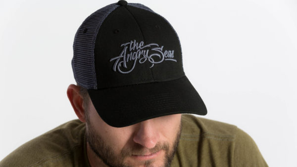 Product: "3D Script" Low Low Profile Hat with Mesh Snapback // Description: Angry Seas Script 3D embroidered design // Color: Black on Black // Brand: The Angry Seas Clothing