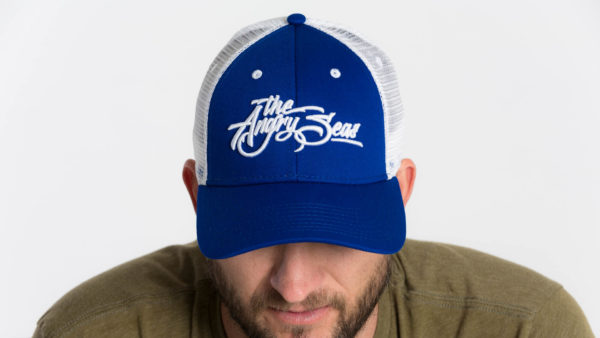 Product: "3D Script" Low Profile Hat with Mesh Snapback // Description: Angry Seas Script 3D embroidered design // Color: Royal Blue & White // Brand: The Angry Seas Clothing