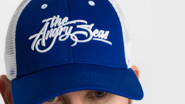 Product: "3D Script" Low Profile Hat with Mesh Snapback // Description: Angry Seas Script 3D embroidered design // Color: Royal Blue & White // Brand: The Angry Seas Clothing