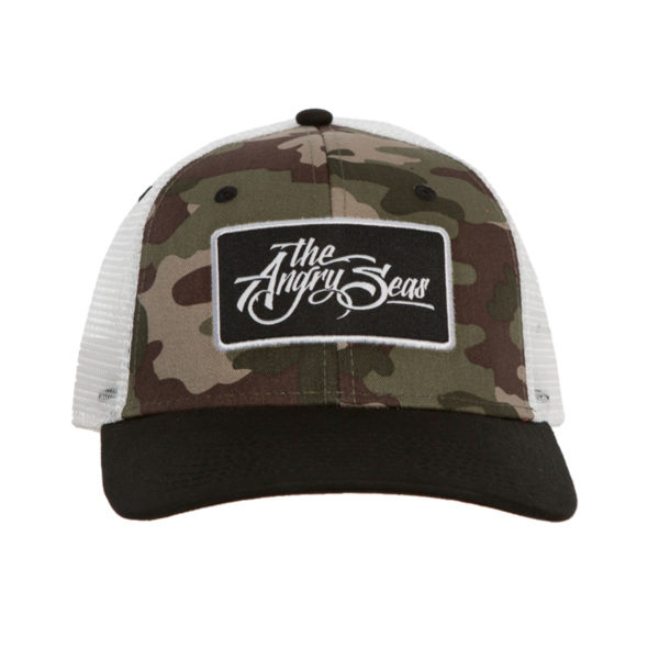Product: "Ture Script" Snapback Hat // Description: Semi-Curved Bill mesh snapback hat with woven label appliqué // Color: Khaki on White // Brand: The Angry Seas Clothing