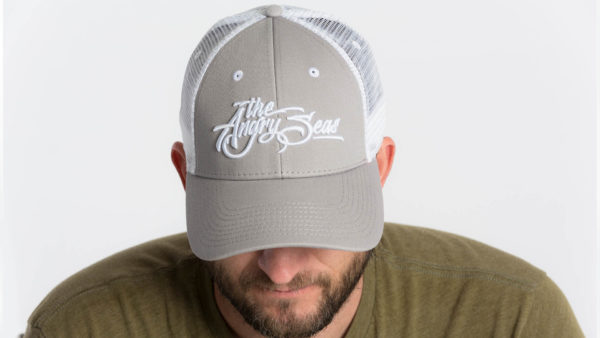 Product: "3D Script" Low Profile Hat with Mesh Snapback // Description: Angry Seas Script 3D embroidered design // Color: Light Grey & White // Brand: The Angry Seas Clothing