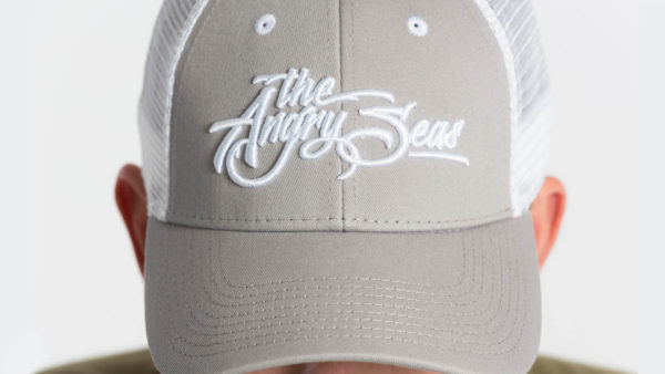 Product: "3D Script" Low Profile Hat with Mesh Snapback // Description: Angry Seas Script 3D embroidered design // Color: Light Grey & White // Brand: The Angry Seas Clothing