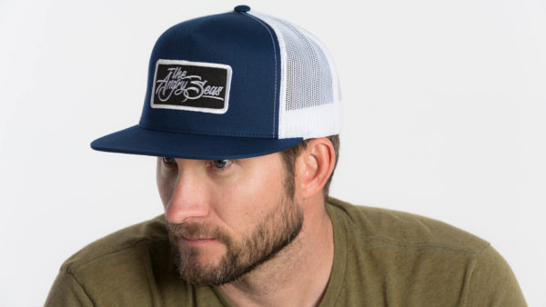 Product: "Flat Seas" Snapback Hat // Description: Flat Bill mesh snapback hat with embroidered logo patch // Color: Blue & White // Brand: The Angry Seas Clothing