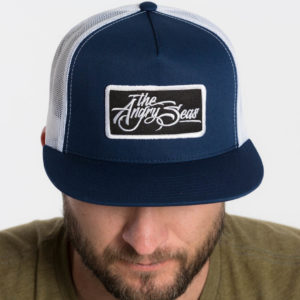 Product: "Flat Seas" Snapback Hat // Description: Flat Bill mesh snapback hat with embroidered logo patch // Color: Blue & White // Brand: The Angry Seas Clothing