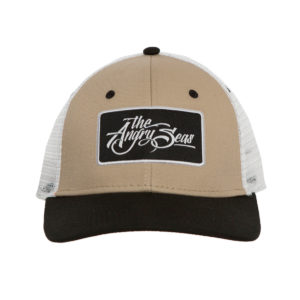 Product: "Ture Script" Snapback Hat // Description: Semi-Curved Bill mesh snapback hat with woven label appliqué // Color: Khaki on White // Brand: The Angry Seas Clothing
