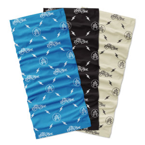 Product: "Neck Gaiter Sunshield Combo Pack " // Description: Angry Seas Script & Monogram pattern design // Color: Black, Tan & Blue // Brand: The Angry Seas Clothing