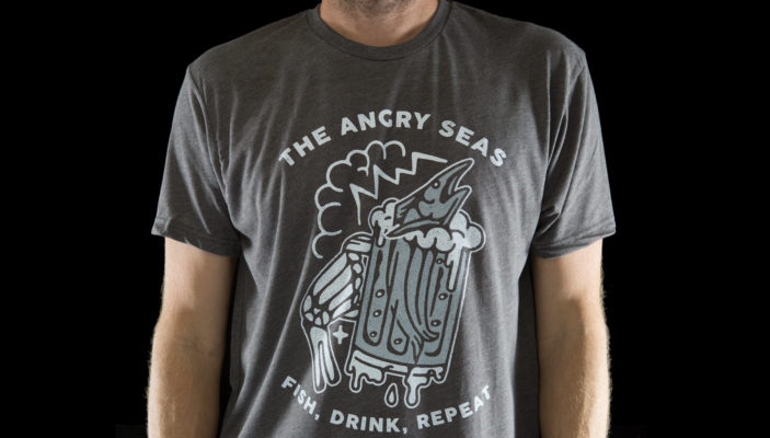 Product: "FISH DRINK REPEAT" Tri-Blend T-Shirt // Description: Angry Seas drunken marlin in a beer glass held by skeleton hand design silkscreened on tee // Color: Macchiato // Brand: The Angry Seas Clothing