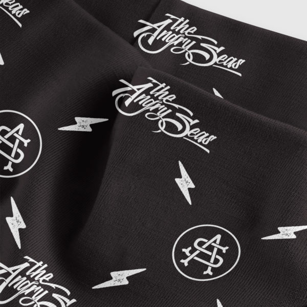 Product: "Neck Gaiter Sunshield - Black" // Description: Angry Seas Script & Monogram pattern design // Color: Black & White // Brand: The Angry Seas Clothing