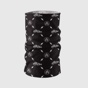 Product: "Neck Gaiter Sunshield - Black" // Description: Angry Seas Script & Monogram pattern design // Color: Black & White // Brand: The Angry Seas Clothing