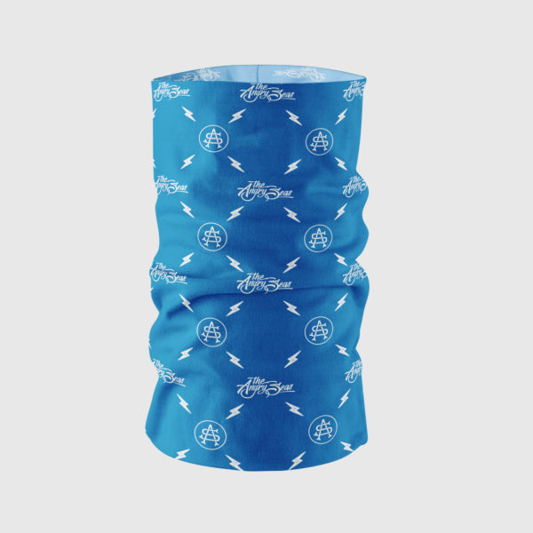 Product: "Neck Gaiter Sunshield " // Description: Angry Seas Script & Monogram pattern design // Color: Blue & White // Brand: The Angry Seas Clothing