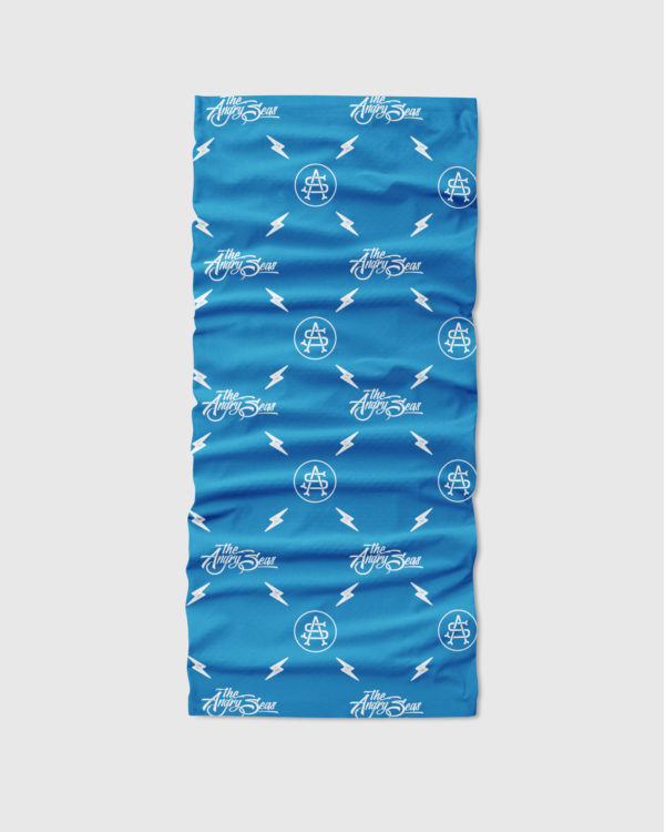 Product: "Neck Gaiter Sunshield " // Description: Angry Seas Script & Monogram pattern design // Color: Blue & White // Brand: The Angry Seas Clothing