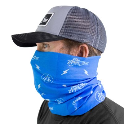 Product: "Neck Gaiter Sunshield - Black" // Description: Angry Seas Script & Monogram pattern design // Color: Blue & White // Brand: The Angry Seas Clothing