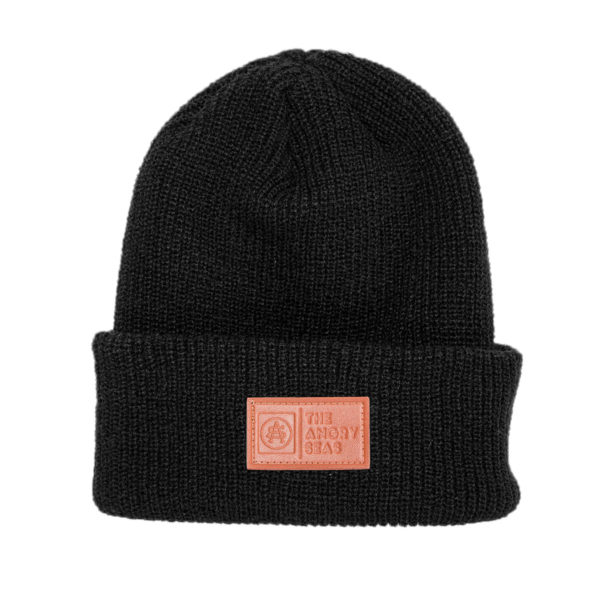 Product: "NIGHT WATCH" Beanie // Description: Knit beanie with logo embossed leather patch // Color: Black // Brand: The Angry Seas Clothing
