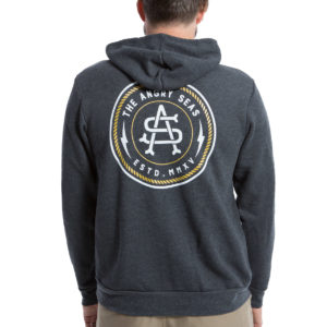 Product: "Captains Monogram Design" // Description: Front Zip Hooded Sweatshirt with Angry Seas Captain's Monogram screen printed graphic // Color: Charcoal // Brand: The Angry Seas Clothing