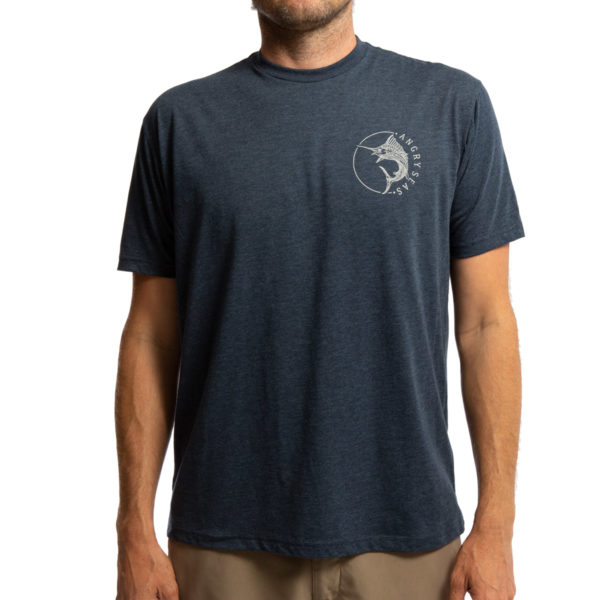 Product: "Circle Marlin" Tri-Blend T-Shirt // Description: Angry Seas tee with jumping marlin silkscreened design // Color: Vintage Navy // Brand: The Angry Seas Clothing