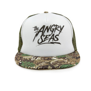 Product: "Lightning Strike" Snapback Hat // Description: Flat Bill mesh snapback hat with silkscreen logo // Color: Camo and White // Brand: The Angry Seas Clothing