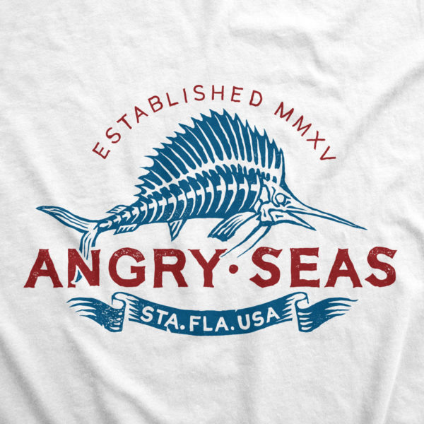 Product: "Bill Collector" 50/50 T-Shirt // Description: Angry Seas tee with skeleton marlin silkscreened design // Color: White // Brand: The Angry Seas Clothing