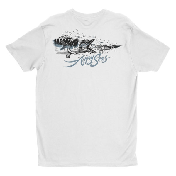 Product: "High Speed" 50/50 T-Shirt // Description: Angry Seas tee with high speed wahoo lure silkscreened design // Color: White // Brand: The Angry Seas Clothing