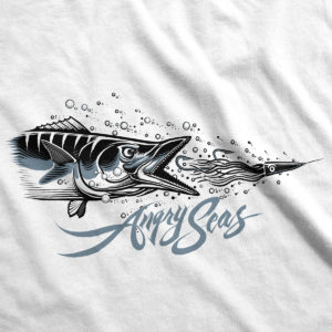 Product: "High Speed" 50/50 T-Shirt // Description: Angry Seas tee with high speed wahoo lure silkscreened design // Color: White // Brand: The Angry Seas Clothing